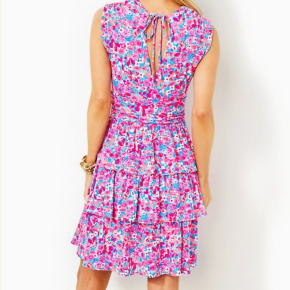 Lilly Pulitzer Faye V-Neck Ruffle Dress Aura Pink Baby Bloomer - Picture 2 of 10